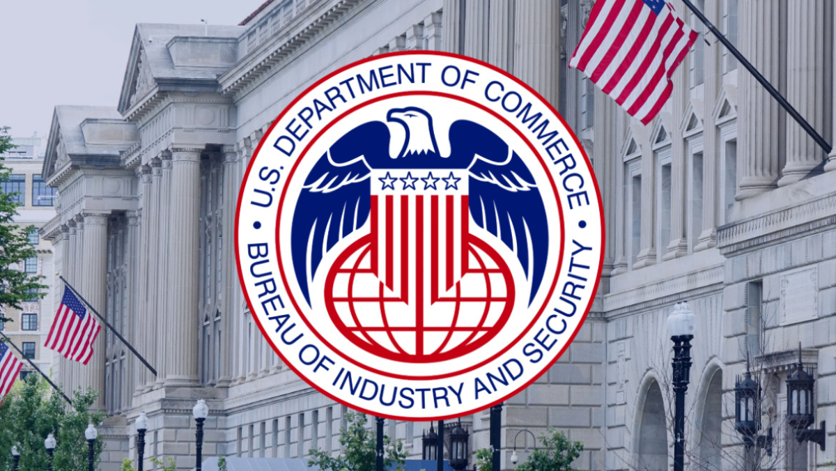 Bureau of Industry and Security seal over U.S. government building symbolising new vehicle security rules.