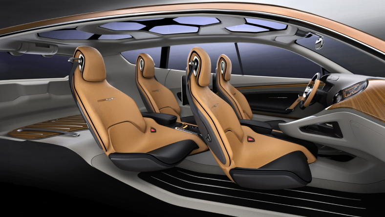 Futuristic car interior with AI-enabled digital cockpit and modern seat design.
