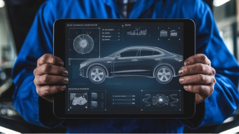 Engineer holding tablet displaying virtual car design and simulation data