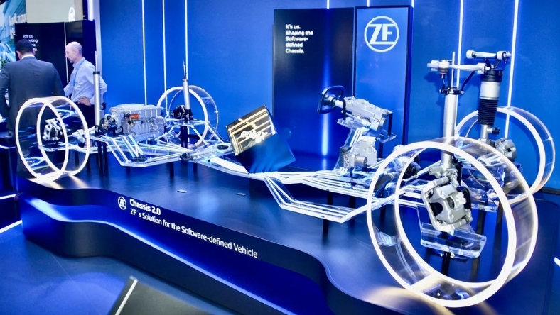 ZF exhibition display showing a software-defined vehicle chassis platform