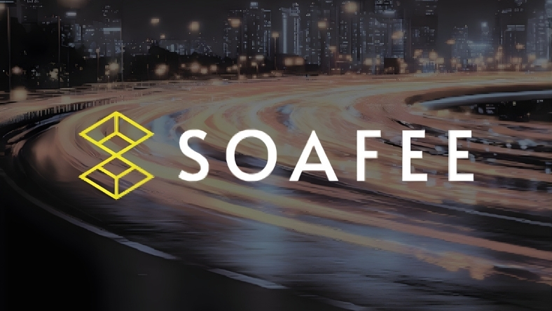SOAFEE logo displayed on a digital automotive software background