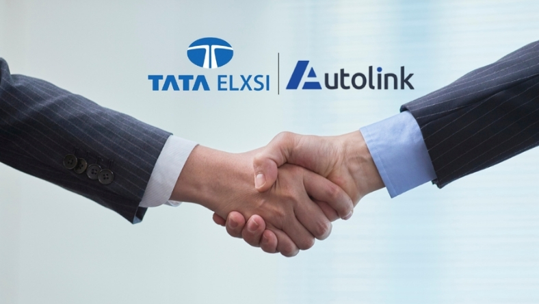 Business handshake beneath Tata Elxsi and Autolink logos on display
