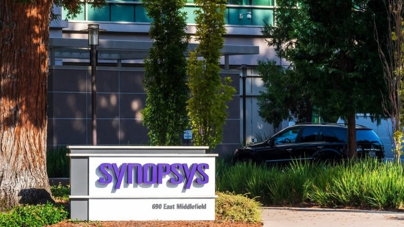 Synopsys headquarters sign outside corporate office building