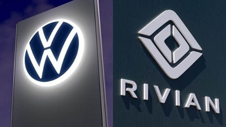 Volkswagen and Rivian illuminated exterior logo signage